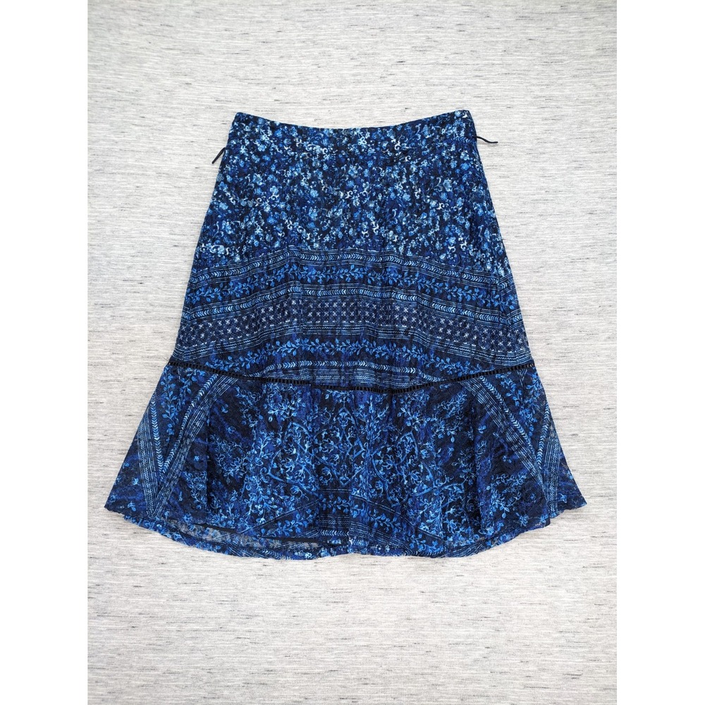 Karl Lagerfeld Midi A Line‎ Floral Skirt Blue Boho Lace Lined Flounce Women's 4